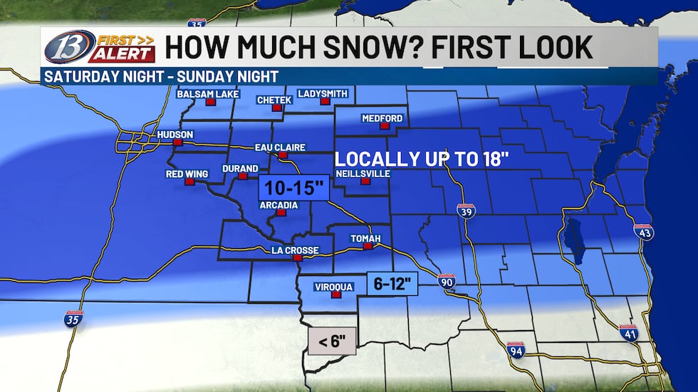 A first look at accumulating snowfall Saturday night and into Sunday. Forecast made: 3/12 7pm.
