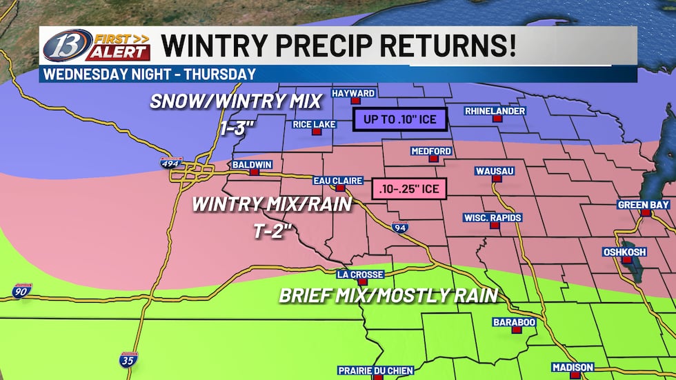 Una combinación invernal provocará algunas acumulaciones desde el miércoles por la noche hasta el jueves.
