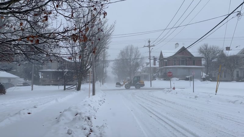 A snowplow sets out in Lowville, N.Y., on Sunday, Nov. 30, 2025.