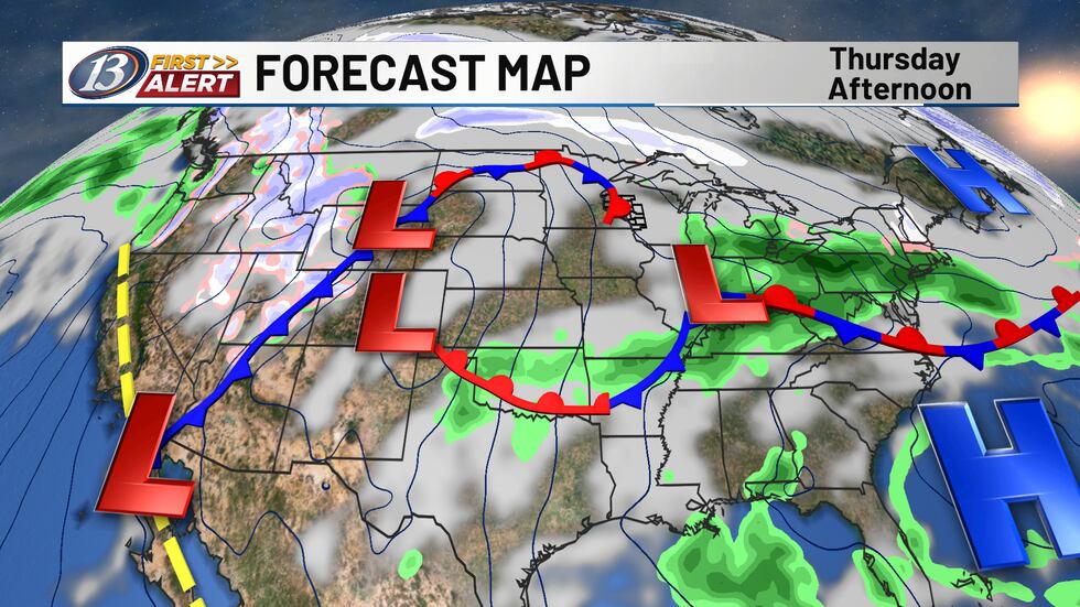 A low-pressure system will track south of the area on Thursday.
