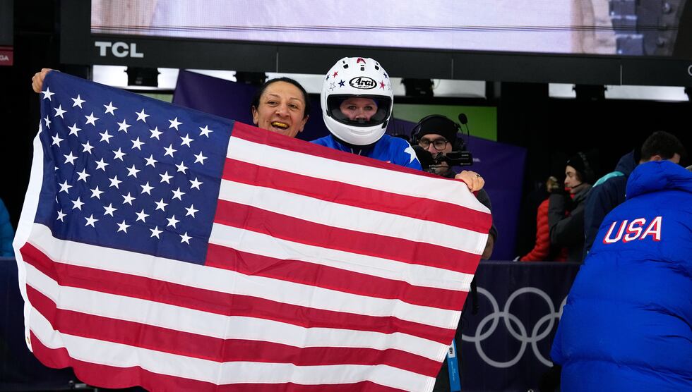 United States' Elana Meyers Taylor, left, and Jadin O'Brien arrive at the finish during a two...
