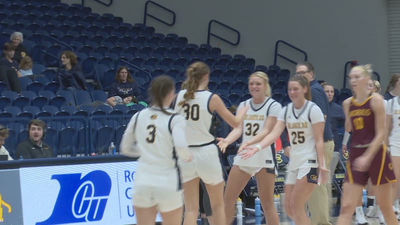 UW-Eau Claire celebrates during their win over Minnesota-Morris